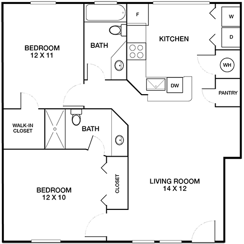 floor plan for the two bedroom apartment at The Peachtree Park